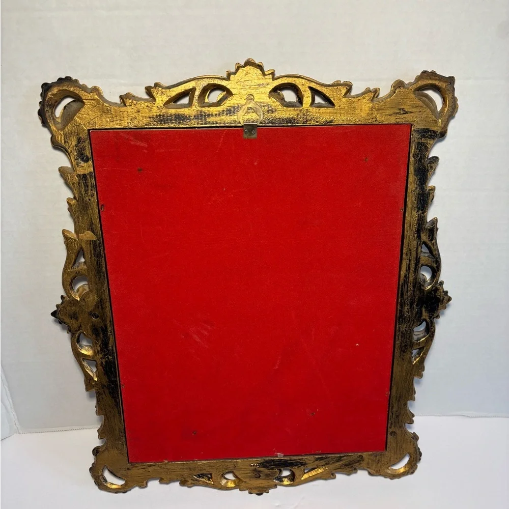VTG Ornately Framed Schooner Ship Italy Red Velvet Matte Wall Hanging Goldtone